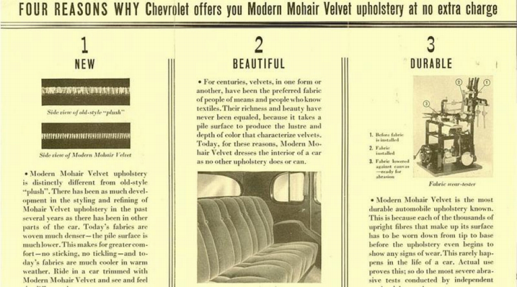 1938 Chevrolet Mohair Velvet Upholstery Brochure Page 1